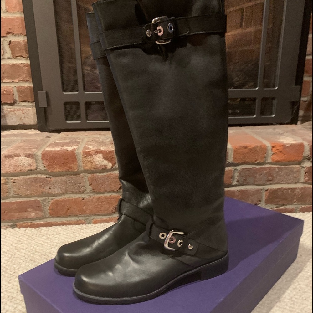 NIB STUART WEITZMAN Black Troop Zip Nero Sport Calf Leather Buckle 10